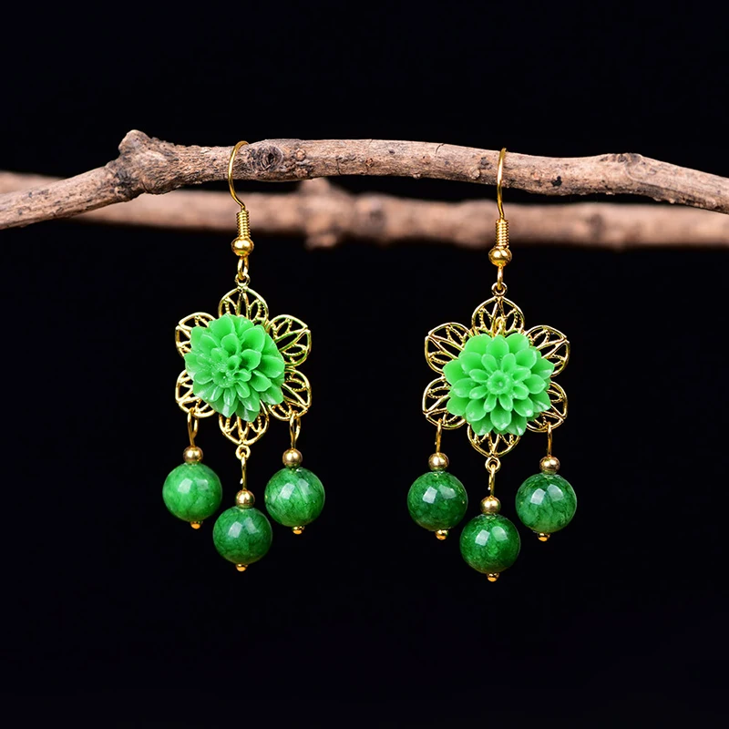 Серьги-подвески в виде китайских цветов женские зеленые ювелирные изделия