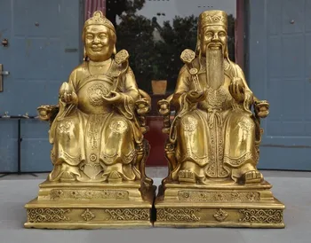 

wedding decoration 11" Chinese Brass Wealth Yuanbao RuYi Peach Land Grandma Granddad Statue Pair