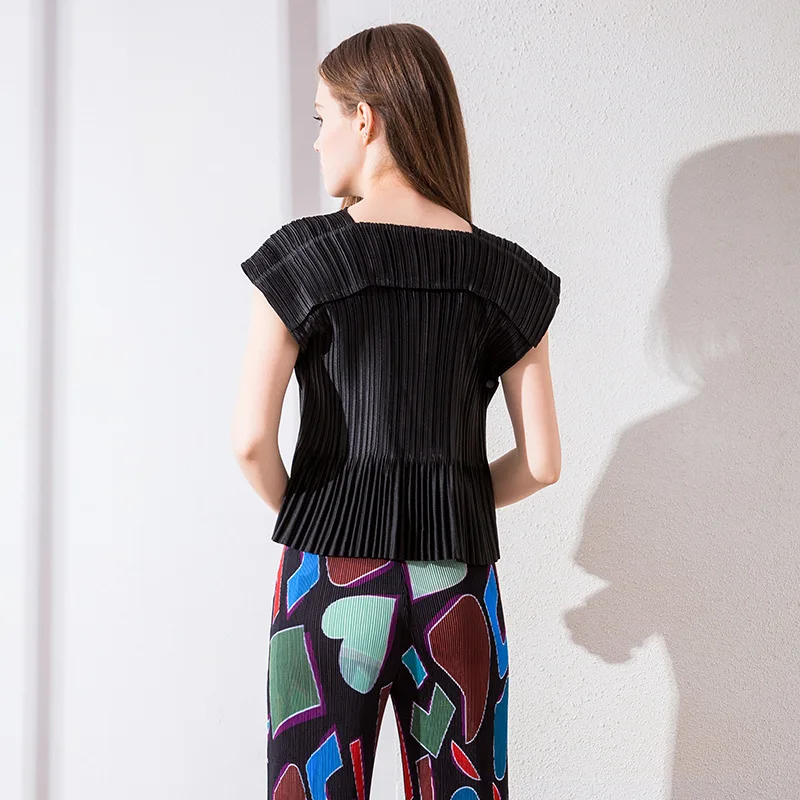 MIYAKE, плиссированная, одноцветная, дизайнерская, sense top, женская, новая, с Боковым Разрезом, все-в-одном, короткий рукав, футболка, женская, со складками, футболка