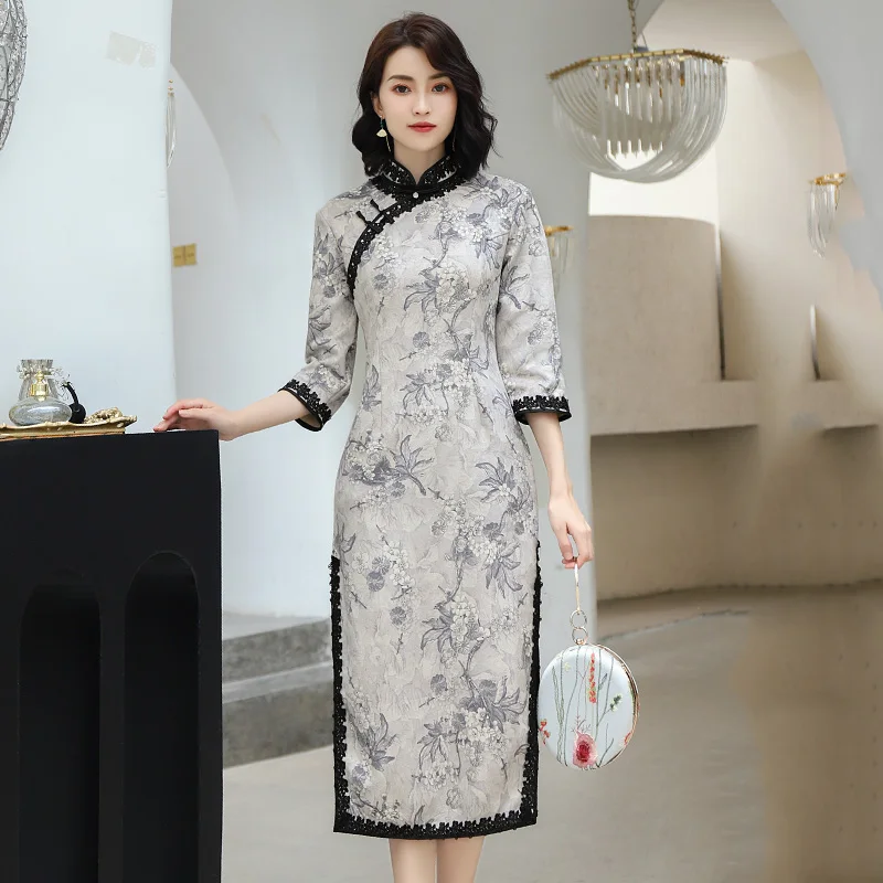 Стильное женское Замшевое платье Cheongsam, весеннее китайское стильное платье до колена с воротником-стойкой, женское платье Qipao, тонкое вечернее платье Vestido - Цвет: Белый