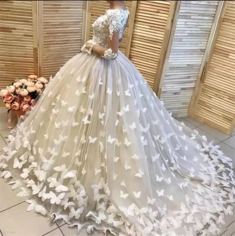 Бальное платье Пышное с длинным рукавом Кружевное 3D Цветы винтажное Элегантное свадебное платье размер на заказ LS31
