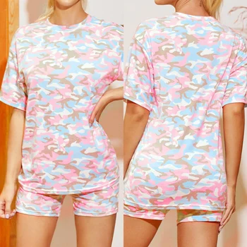 

Camouflage Printing Summer Two Piece Set Women O-Neck Short Sleeve T-Shirt and Shorts Korean Casual Home Wear Sets