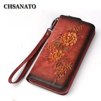 

CHSANATO Genuine Leather Women Clutches Wallet Women's Cell Mobile Phone Punch Bag Wristband Zipper Purse Flowers Engraved