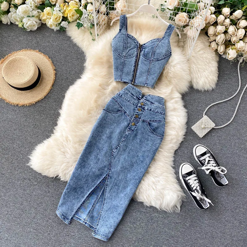 tweed two piece set Summer Women Two 2 Piece Set Sexy V-Neck Jeans Vest+High Waist Button-up Denim Skirts Korean Style Office Lady Sleeveless Suits dressy pant suits to wear to a wedding Suits & Blazers