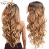 Vigorous Long Ombre Brown Blonde Wavy Wig Natural Hair Part Synthetic Wigs for Women Glueless Cosplay Heat Resistant Party Wig 1