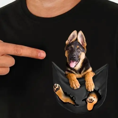 

German Shepherd In Pocket T Shirt Dog Lovers Black Cotton Men Made in USA Cartoon t shirt men Unisex New Fashion tshirt