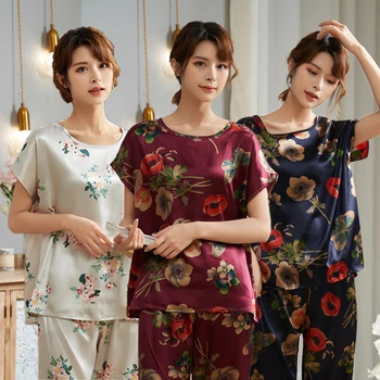 

Short Sleeve Ice Silk Pajamas Spring Women Summer Pajama Sets Mother Sleepwear Pyjamas Plus Size 3XL 4XL 5XL 85kg Nightwear Set