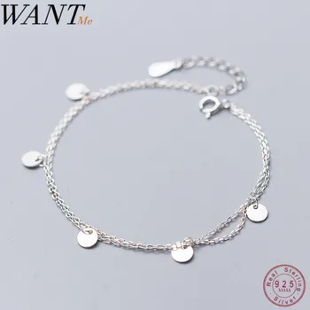 

WANTME Real 100% 925 Sterling Silver Double Round Disc Chain Charm Bracelet for Women Trendy Party Teen Jewelry Gift Accessories