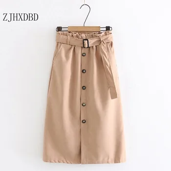 

Korean Single Breasted Split Women Skirt Belt Stretch Lace Up Slim Waist New Bottoms 2020 Summer Solid Midi Skirts Clothes Khaki