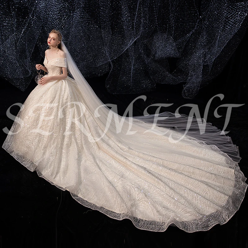 Роскошное Королевское свадебное платье SERMENT, бохо, звездное небо, очаровательное, лодочка, на шнуровке, для собора, 100 см, блестки, кристалл