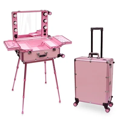 Pink Алюминиевая рама Профессиональная студия прокатки визажист косметический чехол Красота тележка костюм чехол светодиодный светильник зеркальный ящик розовый багаж - Цвет: Pink