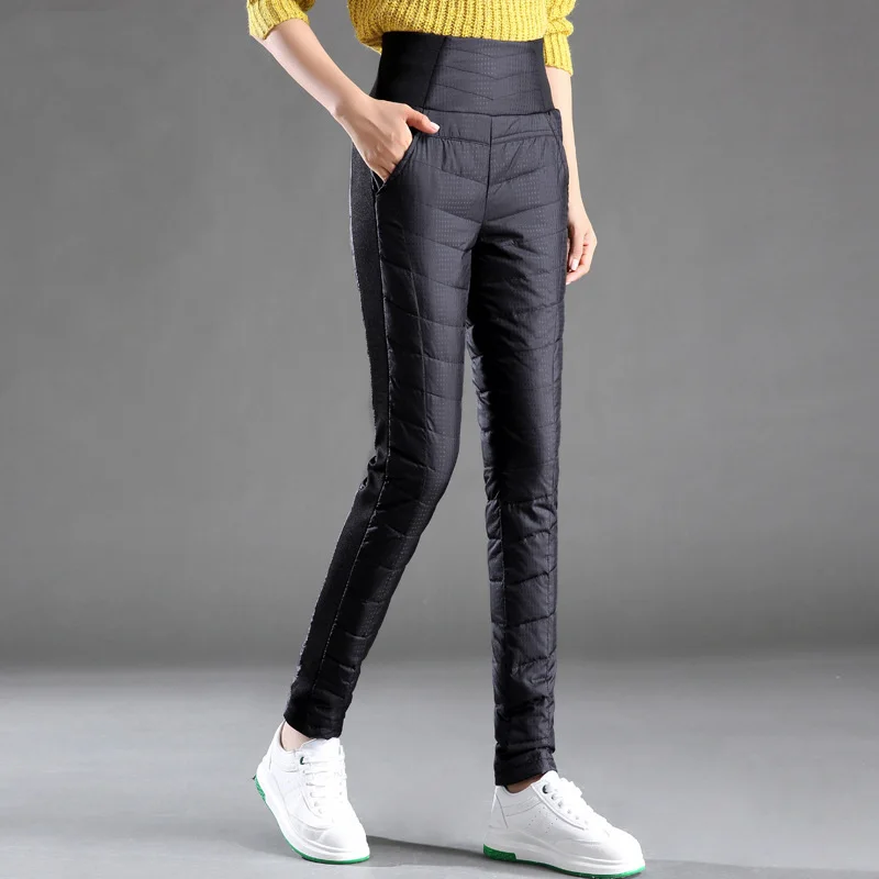 Зимние женские брюки с высокой талией, эластичные хлопковые тонкие брюки-карандаш на белом утином пуху для женщин, женские повседневные брюки - Цвет: Black(A8528)
