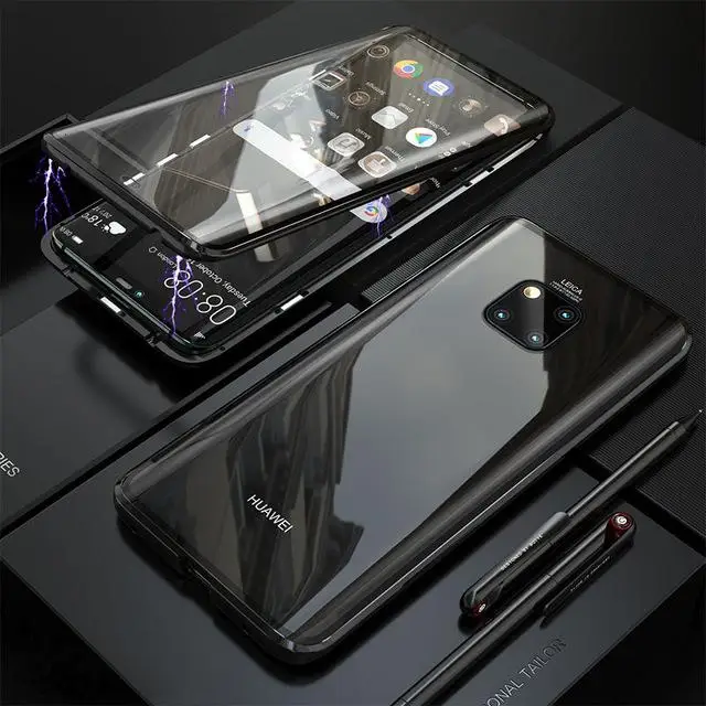 Magnetic Absorption Metal Flip Case for Huawei Mate 20 Front+Back Double Sided Tempered Glass Bumper for Huawei Mate 20 Pro Case - Цвет: Черный