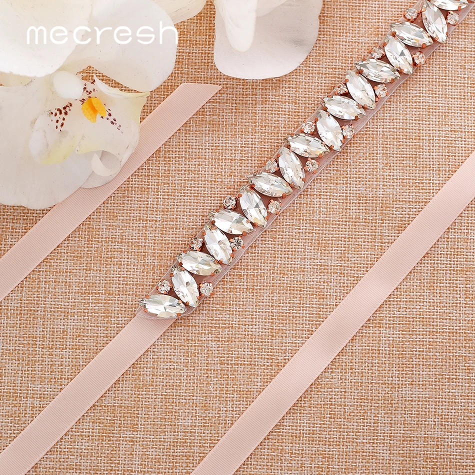 Mecresh Rose Gold Wedding Dress Belt Rhinestone Belt Bridal Accessories Women Crystal Flower Ivory Pink Belt Sash 270CM MYD035