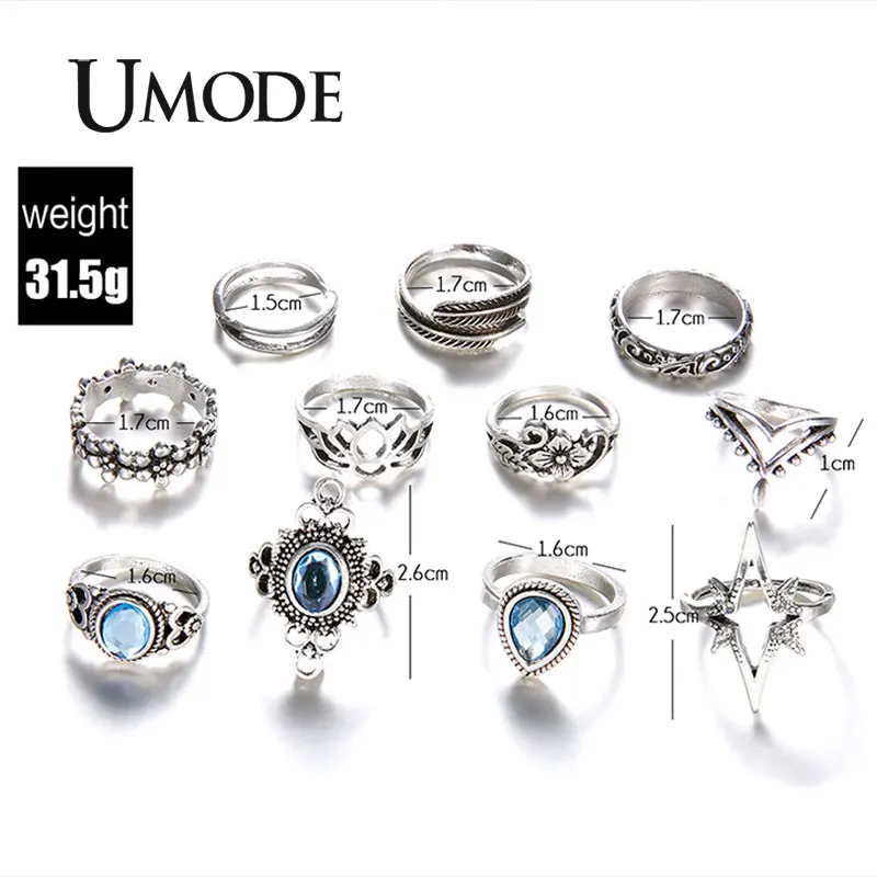 UMODE 11 шт. луты цветок кольца наборы для женщин оставить крест кольца для девочек серебристый цвет, опал камень ювелирные изделия аксессуары PR0224