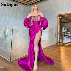 SoDigne Fashion Purple Satin Mermaid Prom Gowns 2021 Puff Long Sleeves Formal Party Dress Side Slit Rhine Stone Celebrity Dress