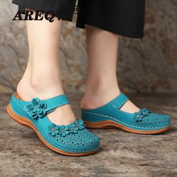 

Women's Sandals 2020 Summer Handmade Ladies Shoes Leather Floral Sandals Women Flats Retro Style Shoes Woman