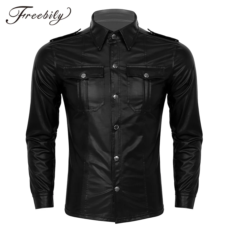 

Men Trend Night Club Styles Dress Shirts Wet Look Patent Leather Turn-down Collar Long Sleeve Button Down Slim Fit Male Shirts