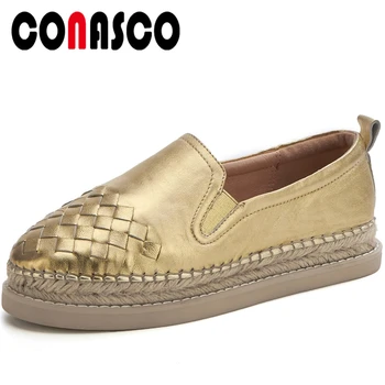 

CONASCO Fashion Concise Casual Spring Summer Genuine Leather Sheepskin Women Flats Cross-Tied Woven Flat Platform Shoes Woman
