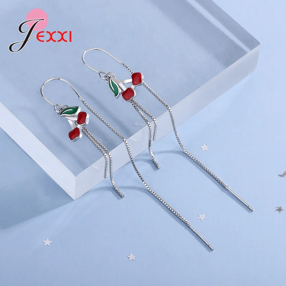 

Fashion 925 Sterling Silver Cherry Earrings Female Exquisite Ear Line Long Tassel Sweet Lovely Jewelry for Women