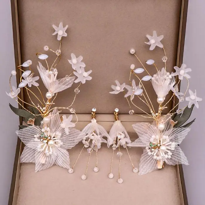 FORSEVEN свадебный ювелирный набор цветочный марлевая тесьма цветок свадебные шпильки серьги женские свадебные аксессуары для волос JL