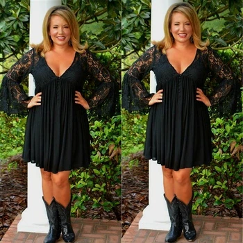 

Europe Large Size Women Long Lace Dress V-Neck Flare Sleeve Black Sexy Pleated Dresses Spring Summer Fashion One-piece XL-5XL