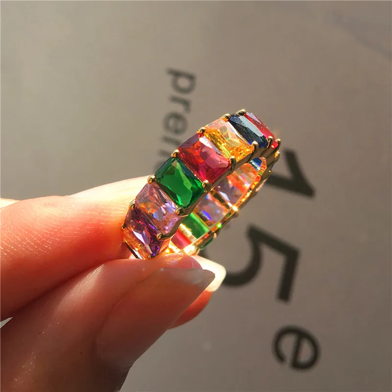 Luxury Female Square Rainbow Zircon Ring Charm Love Wedding Engagement Ring High Quality Silver Gold Finger Rings For Women