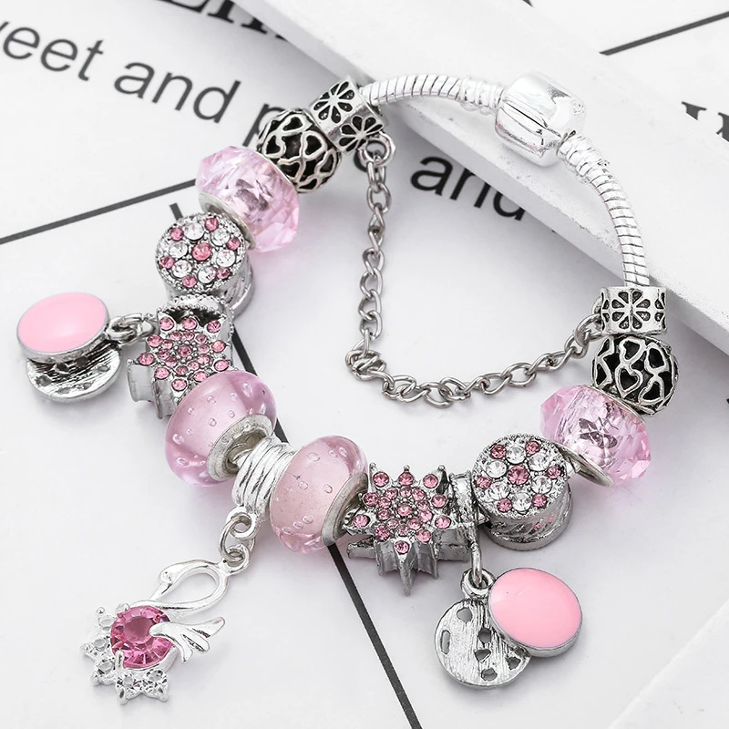 Colgante de estilo sencillo para mujer, pulsera Pandora color rosa en de nieve con cristal y regalo de San Valentín|Pulseras de hilo| - AliExpress