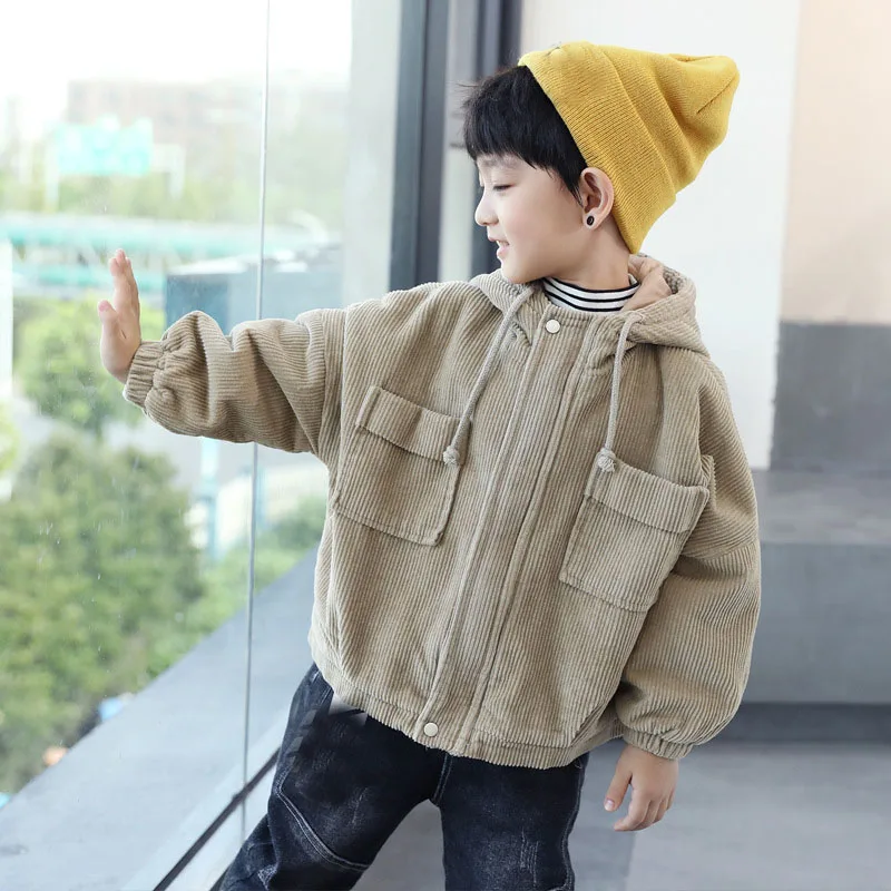 Solid Corduroy Jackets For Teenage Boys Outerwear Tops Clothing Children Hooded Thicken Coats Kids Winter Jacket Clothes