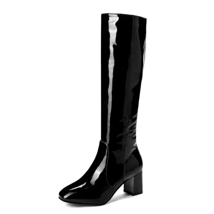 Обувь из лакированной кожи на молнии на высоком каблуке женские сапоги до колена осенне-зимние сапоги обувь с квадратным носком женские большие размеры 34-45 MAZIAO - Цвет: Черный