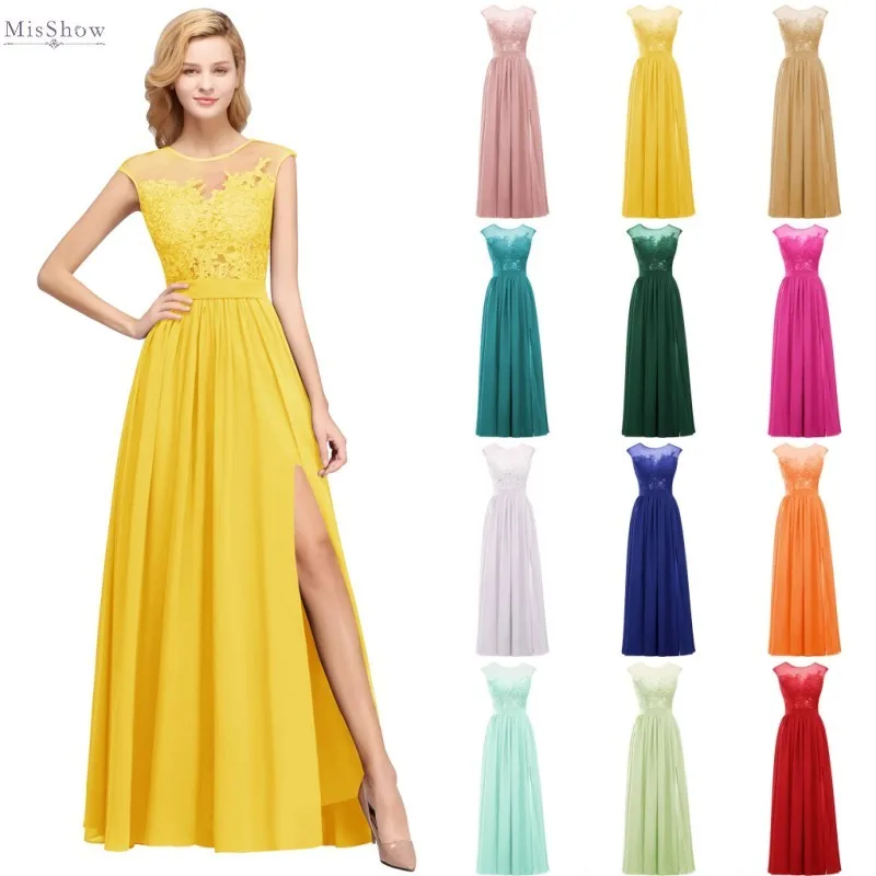

Long Yellow Chiffon Prom Dresses 2020 Elegant Sleeveless Prom Gown For Women Slit Lace Applique vestido de gala