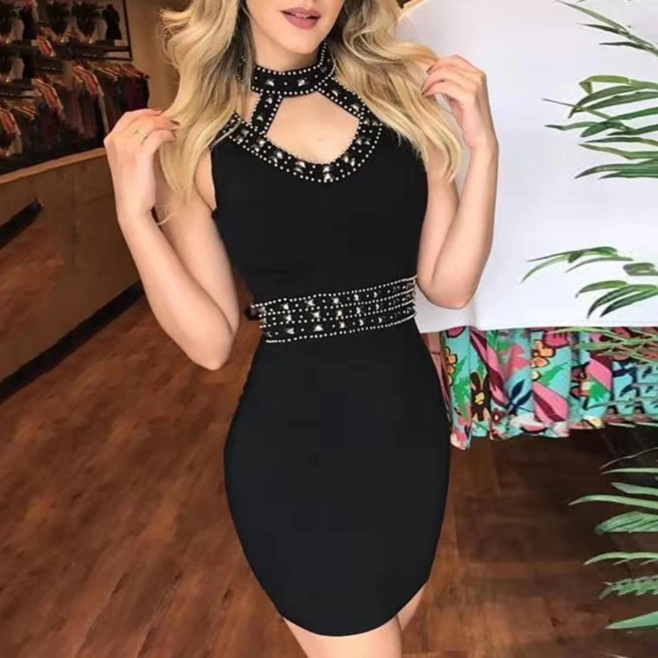 Autumn New Ladies Bodycon Bandage Dress Black Sexy Sleeveless Luxury Rivets Mini Length Club Party Dress Wholesale