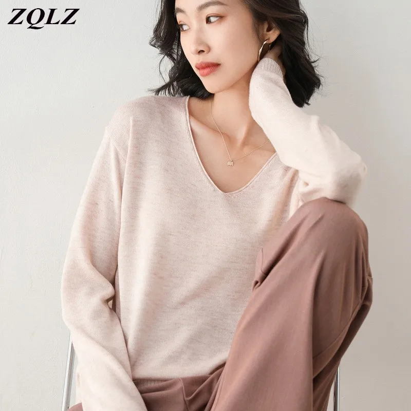 

ZQLZ 2020 Autumn Winter Sweater Sexy Loose Deep V-neck Sweater White Knitter Tops Long Sleeve Korean Women Sweaters