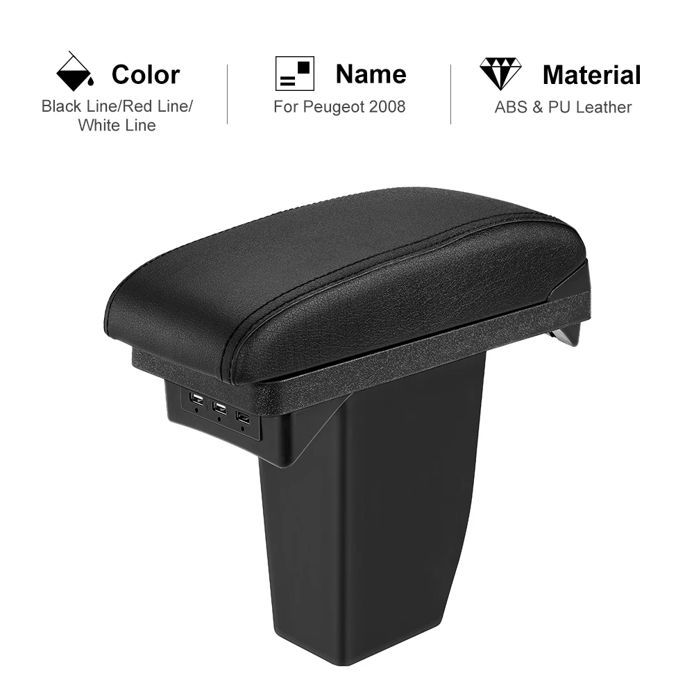 Для peugeot 2008 подлокотник коробка 3 USB черный кожаный центр новая коробка для хранения модификация