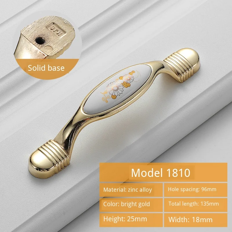 JD European Cabinet Wardrobe Door Single Hole Handle Gold Ceramic Handle Modern American Flower Pattern Drawer Furniture Handle - Цвет: 1810-C.C96mm