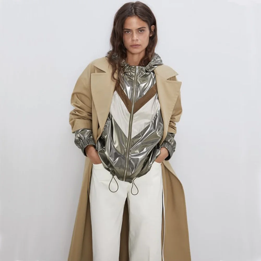 

ZA 2019 Autumn New Mosaic Hooded Jacket Fashion Women Clothes Slim Zipper Pocket Waterproof Coat Party Travel Vacation Wholesale