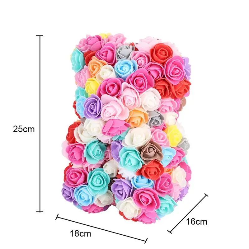 25cm Colorful Foam Rose Bear Artificial Flower Doll for Birthday Valentine's Day Gift LED String Lights Foam Rose Flower Bear