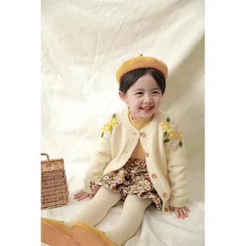 

Toddler Girls Vintage Flower Knitted Cardigan Sweater 2020 Autumn New Children All-match Clothes Simple Decoration Knitwear Baby