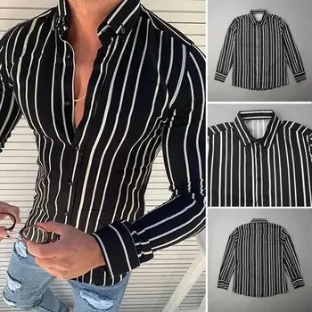 

New Men Long Sleeve Casual Striped Button Shirt V-Neck Fashion Slim Tops