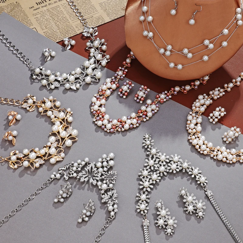 Women's Crystal Pearl Gold Silver Chain Pendant Choker Bib Necklace Set Earrings