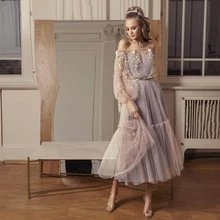 

Elegant Homecoming Dresses 2022 Long Sleeves Off The Shouler Appliques Tulle A-line Ankle Length Women Prom Party Custom Gowns