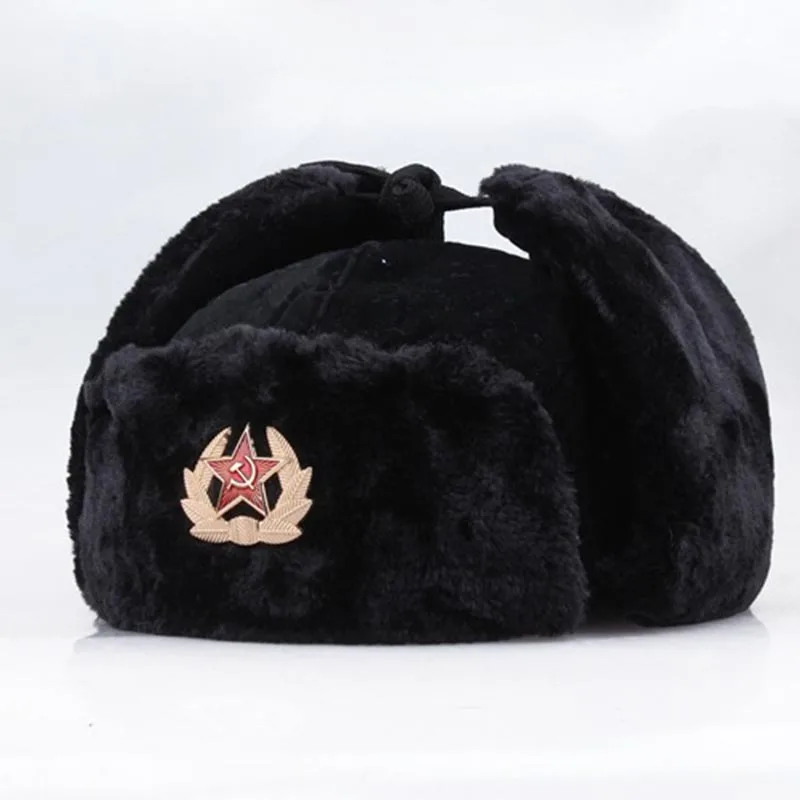 with logo pink Зимняя шапка, военный значок Советской Армии, Россия, ушанка, шапки-бомберы, пилот, ловушка, шапка авиатора, Искусственный Кролик, меховые наушники зимние шапки - Цвет: with logo pink