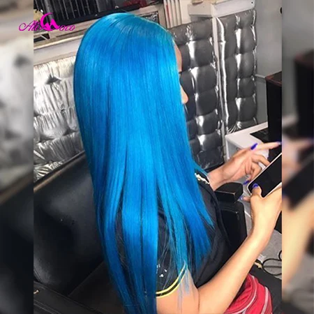 Blue Ali Coco прямой Половина 613 половина черный парик фронта шнурка 8-26 дюймов бразильский Омбре парик фронта шнурка человеческих волос 150% волосы remy парики - Color: Blue