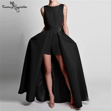Black Evening Dresses Long Detachable Train Big Bow Simple Satin Jumpsuit Pantsuit Prom Dress Formal Gowns Robe De Soiree