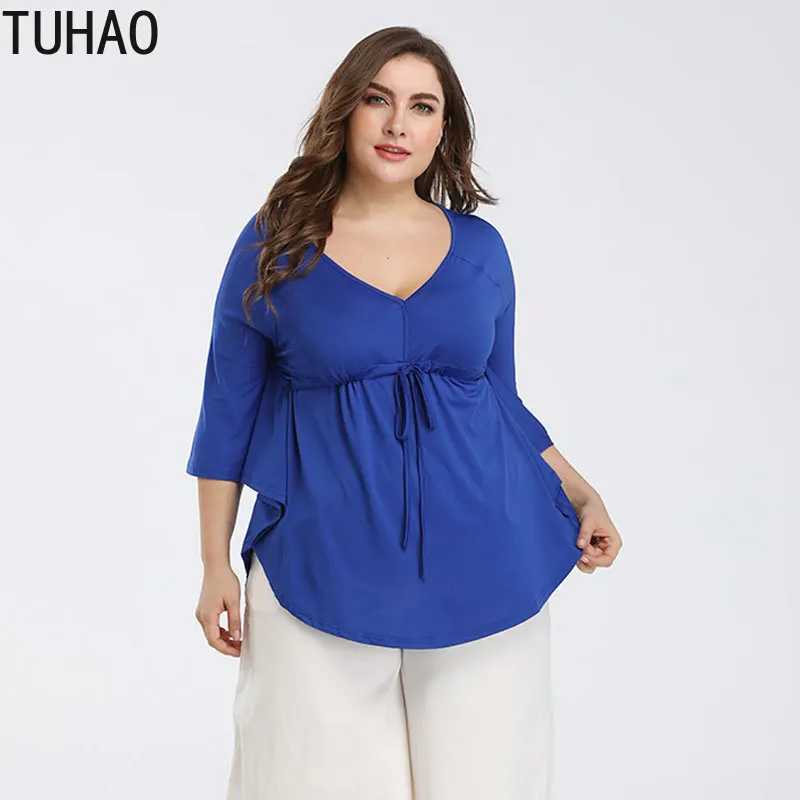 

TUHAO 2019 Female PLUS SIZE Mother Blue Solid Blouses Shirts Bat Sleeve Laced Up Irregular Blouse Shirts Casual Style Top HC329