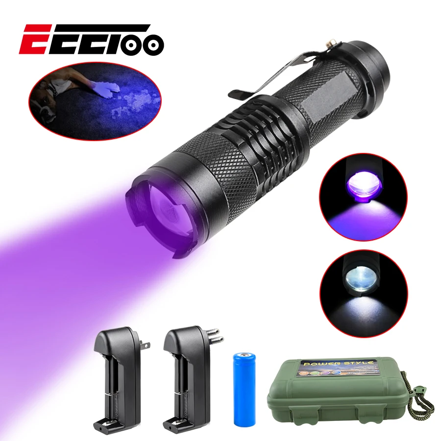 LED UV Flashlight Ultraviolet Torch With Zoom Function Mini UV Black Light Pet