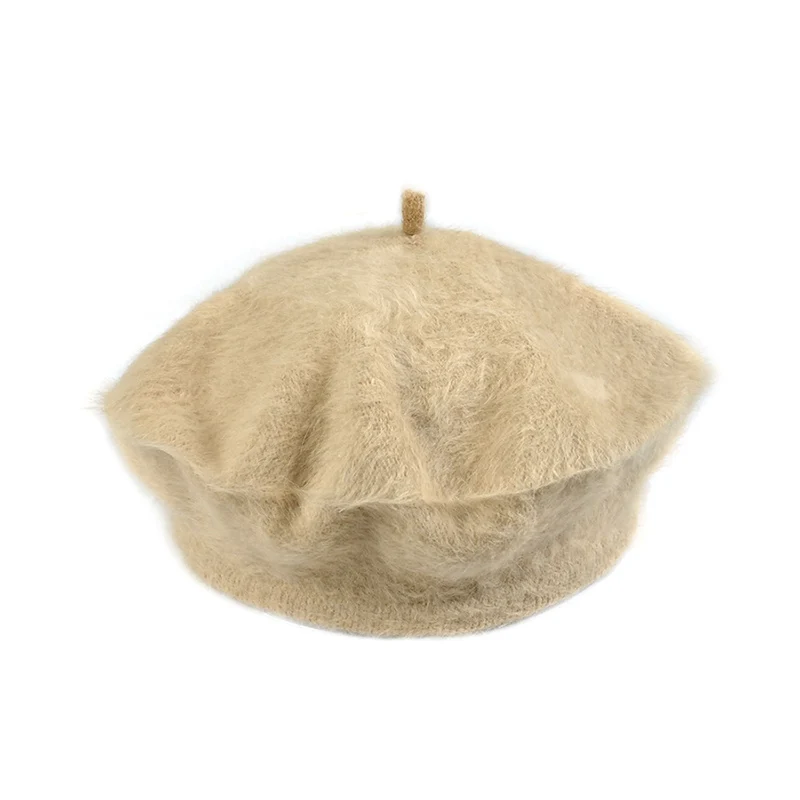 Новые Женские однотонные береты пушистые простые шикарные маленькие круглые женские кепки на осень MV66 - Цвет: Camel