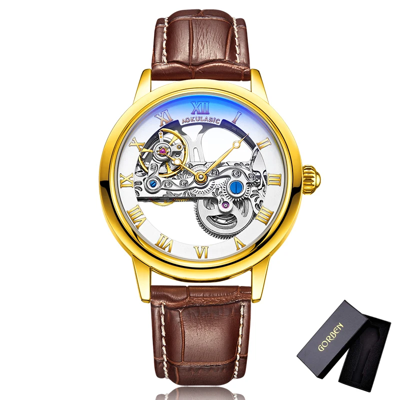 Прозрачные автоматические механические часы с скелетом, золотые мужские часы, браслет из нержавеющей стали, Роскошные мужские часы - Цвет: M215-1 with box