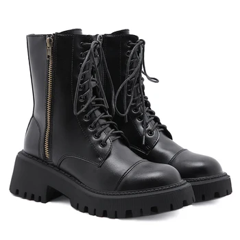

2020 Fashion Woman Boots Genuine Leather Lace-Up Thick Heel Ankle Boots Round Toe Winter Zip Warm Motorcycle Boots Ladies Shoes