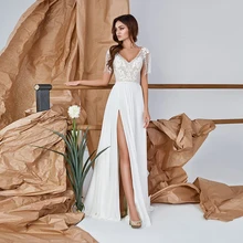 

Simple Civil High Slit Wedding Dress A Line Chiffon Bridal Gown For Bride With Tassel Cap Sleeves With Lace V Neck Floor Length